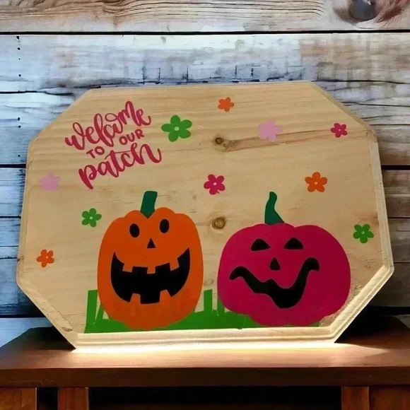 Fall/Halloween Hand Crafted Wooden Sign Featuring Pink and Orange Pumpkin Design - Picture 4 of 5